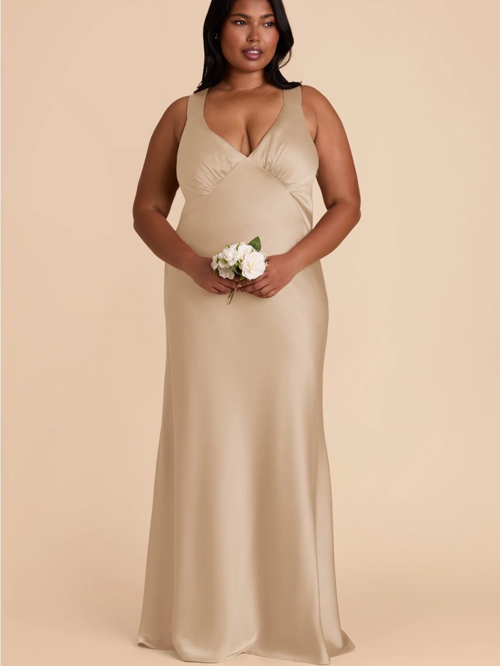 Birdy Grey Satin V-Neck Maxi Dress in Neutral Champagne